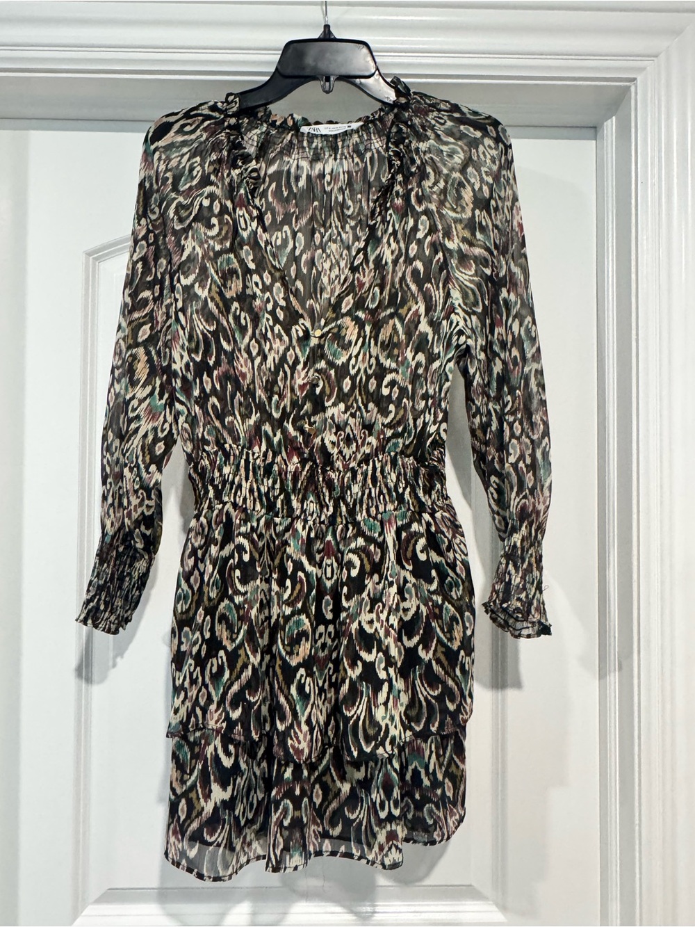 Zara Black Multi Sheer Printed Long-Sleeve Mini Dress
